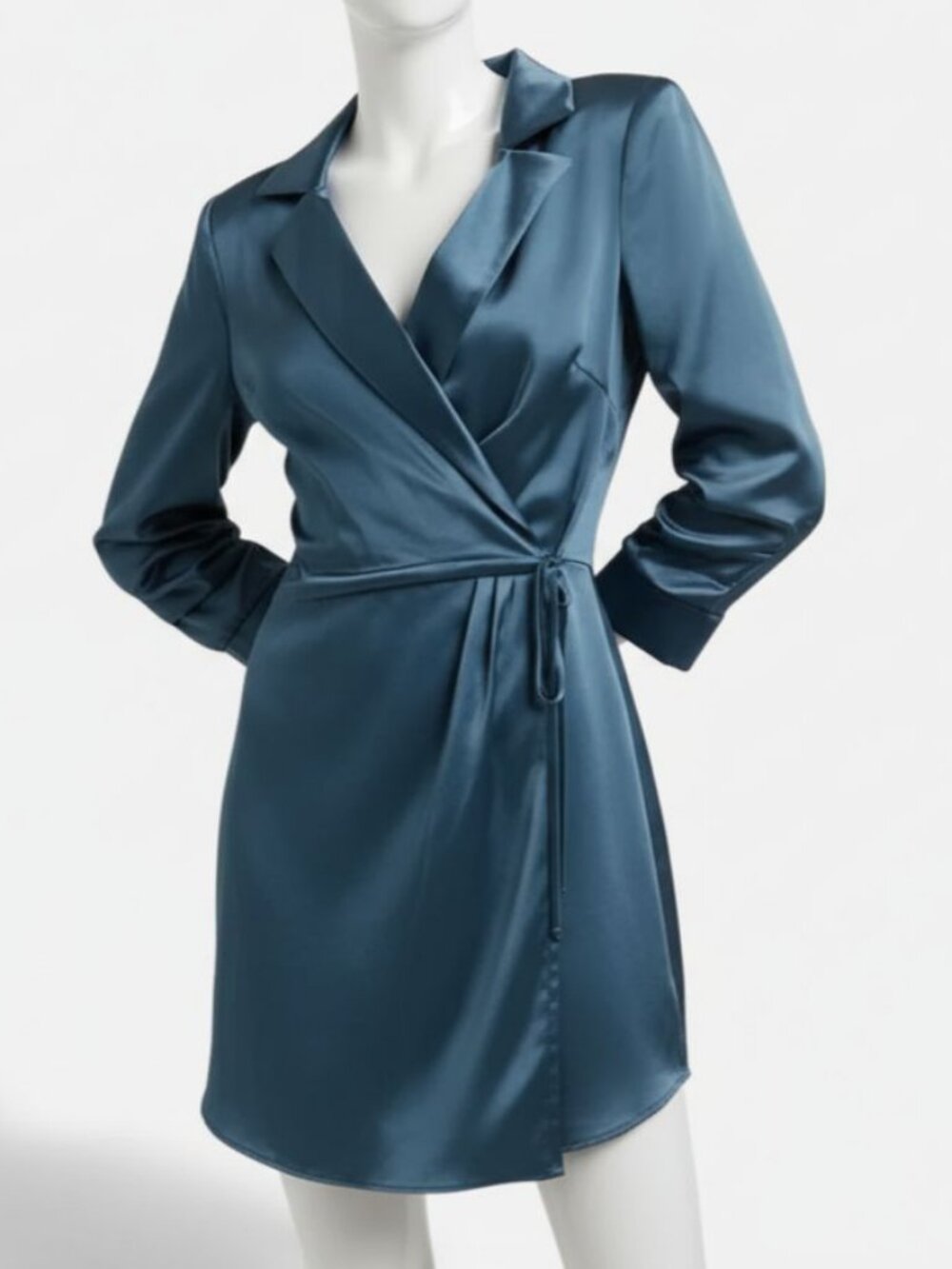 Cinq A Sept Women's Blue Sabina Satin 3/4 Ruched Sleeves Wrap Mini Dress Sz 2